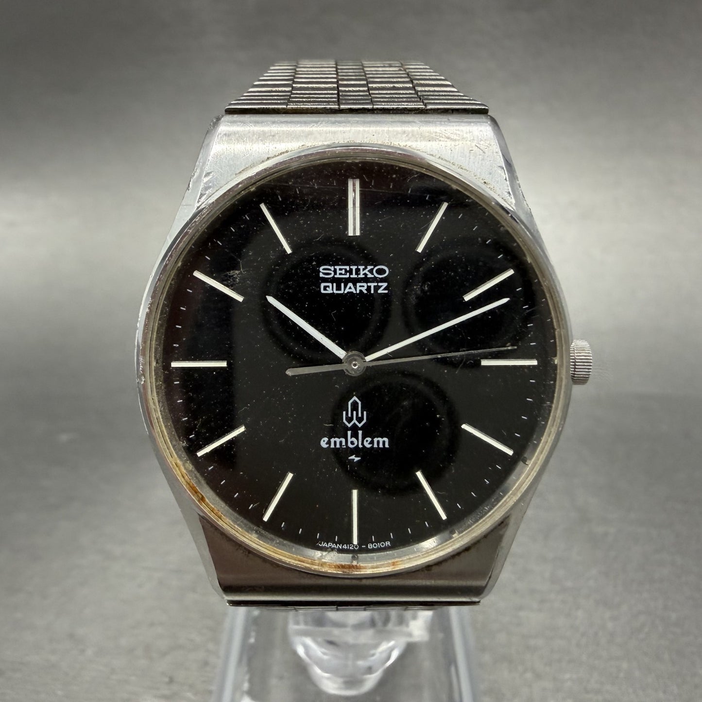 Seiko Emblem Watch Men 32mm Black Dial Silver Tone 4120-8010 New Battery0