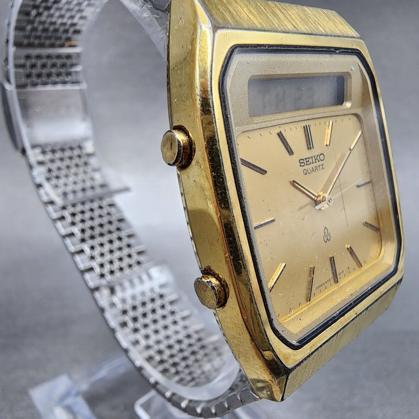 Seiko Analog Digital Watch Men 31mm Gold Dial Gold Tone Rectangle New battery