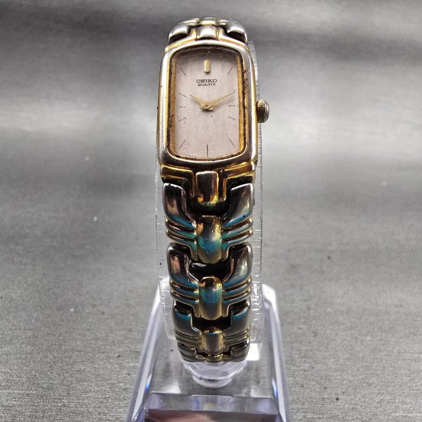 Seiko Watch Women 13mm MOP Dial Two Tone Rectangle 2E20-7049 New Battery Vintage5