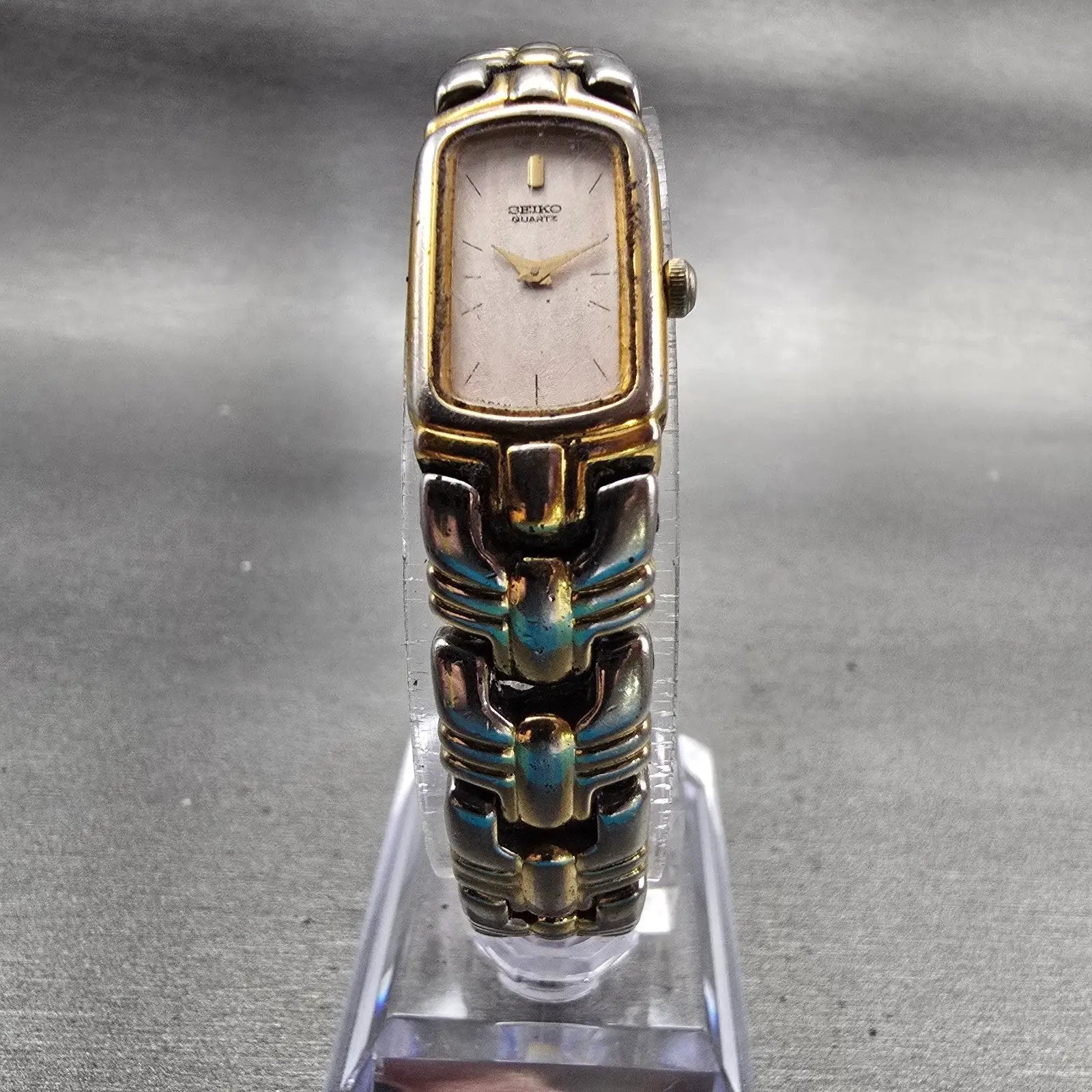 Seiko Watch Women 13mm MOP Dial Two Tone Rectangle 2E20-7049 New Battery Vintage5