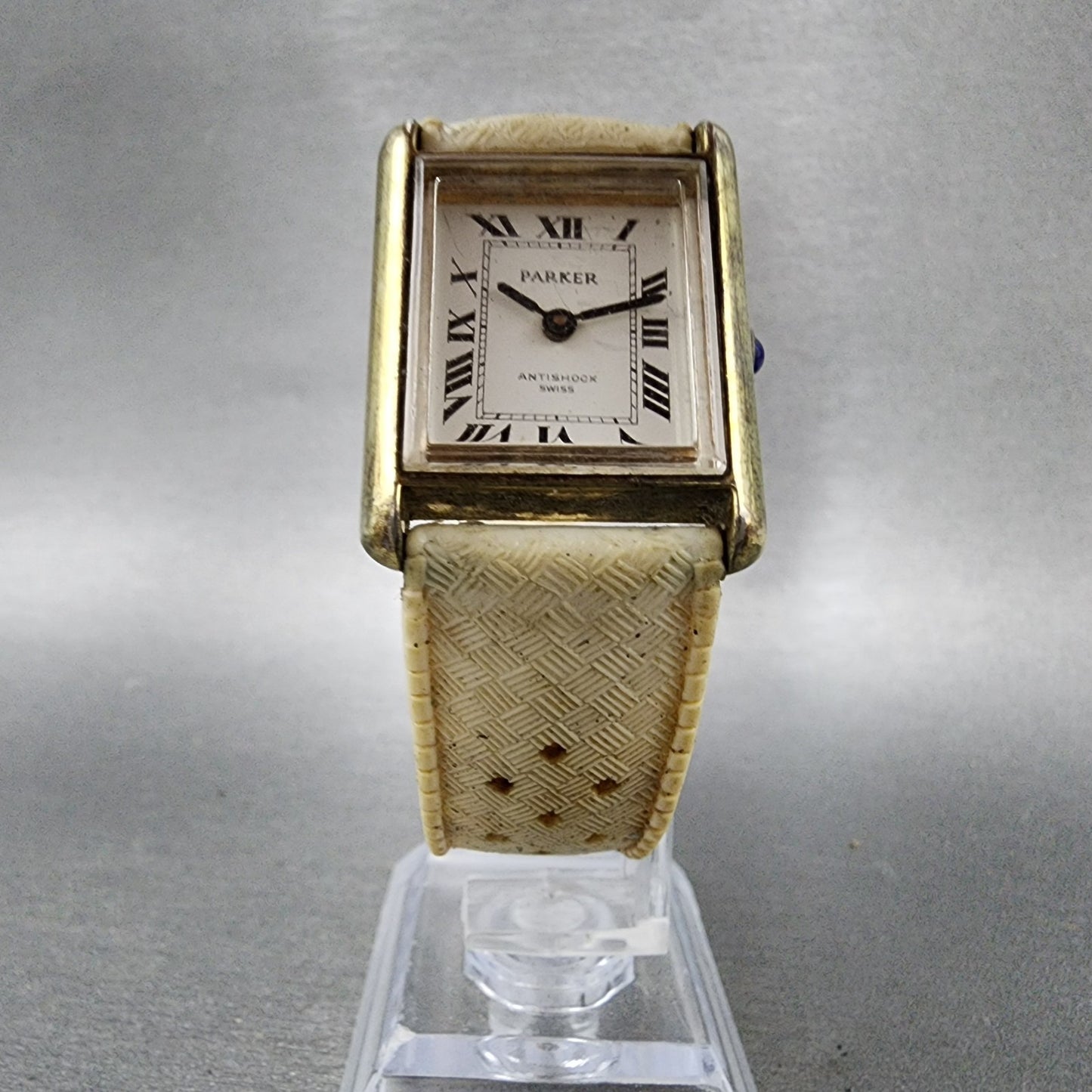 Parker Tank Watch Women 25mm White Dial Gold Tone Rectangle Manual Wind PARTS6