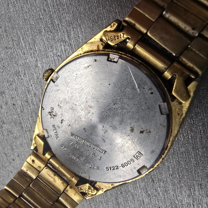 Seiko SQ Watch Men 32mm Gold Dial Gold Tone Date Round 5Y22-6009 New Battery VTG10
