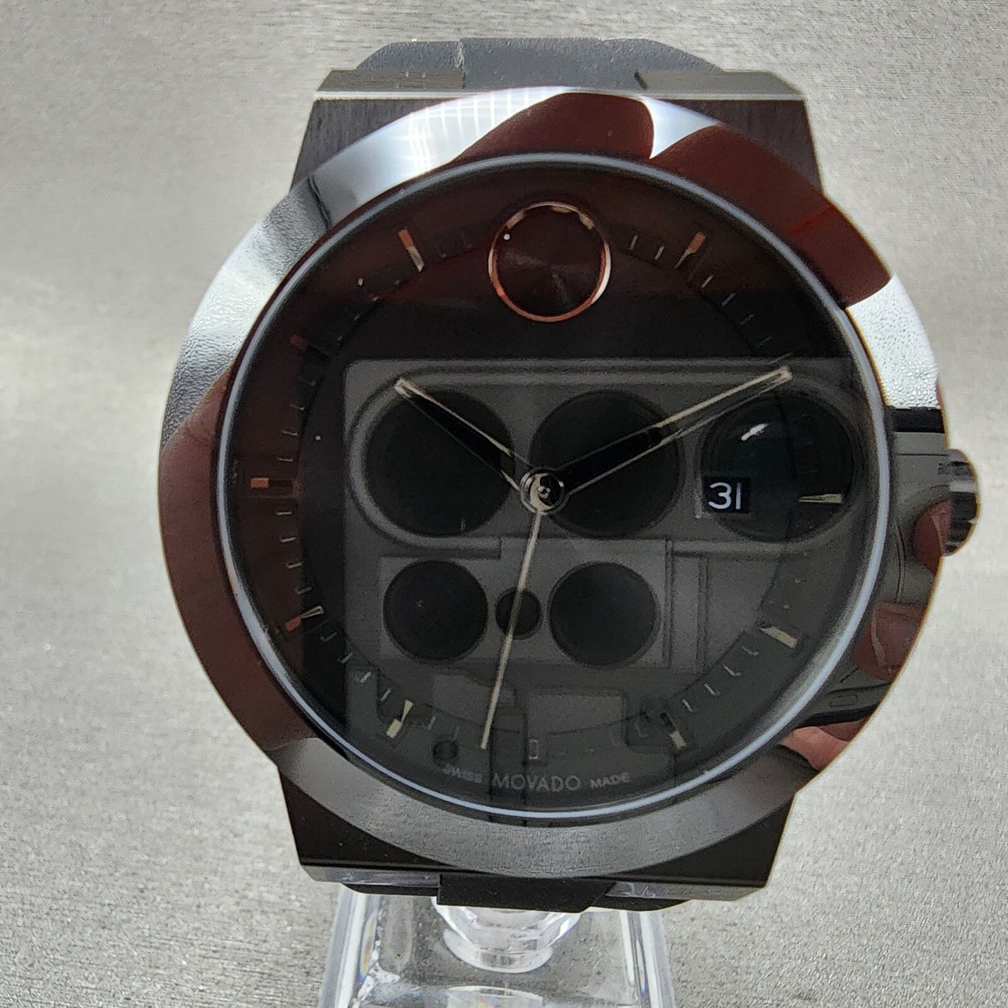 Movado Bold Fusion Watch Men 42mm Black Dial Black Tone Date Round Resin 36008391
