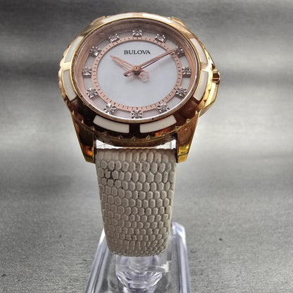 Bulova Watch Women 32mm MOP Dial Rose Gold Tone Diamond Round 98P119 New Battery5