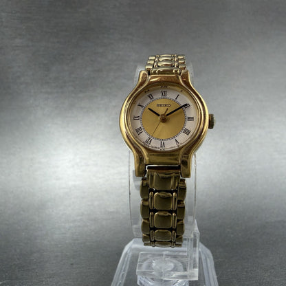 Seiko Watch Women 19mm White Dial Gold Tone Round V401-0289 New Battery OIHUGY5