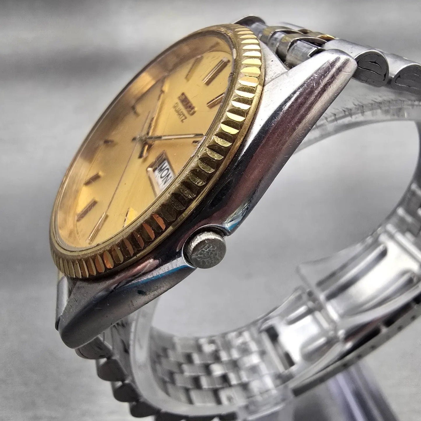 Seiko President Watch Men 35mm Gold Dial Two Tone Daydate 7N43-8111 New Battery2