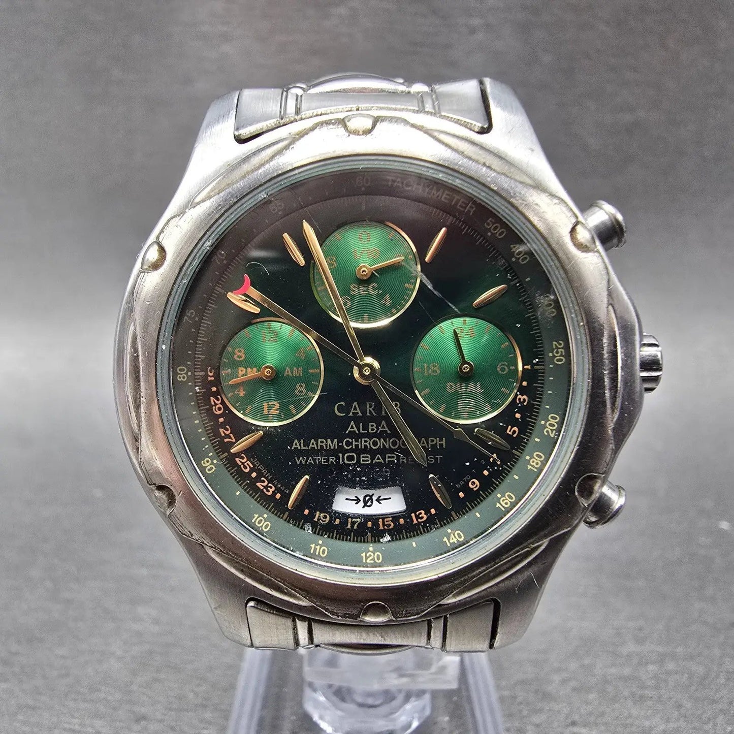 Seiko Alba Carib Watch Men 39mm Green Dial Steel Alarm Chronograph N944 PARTS0
