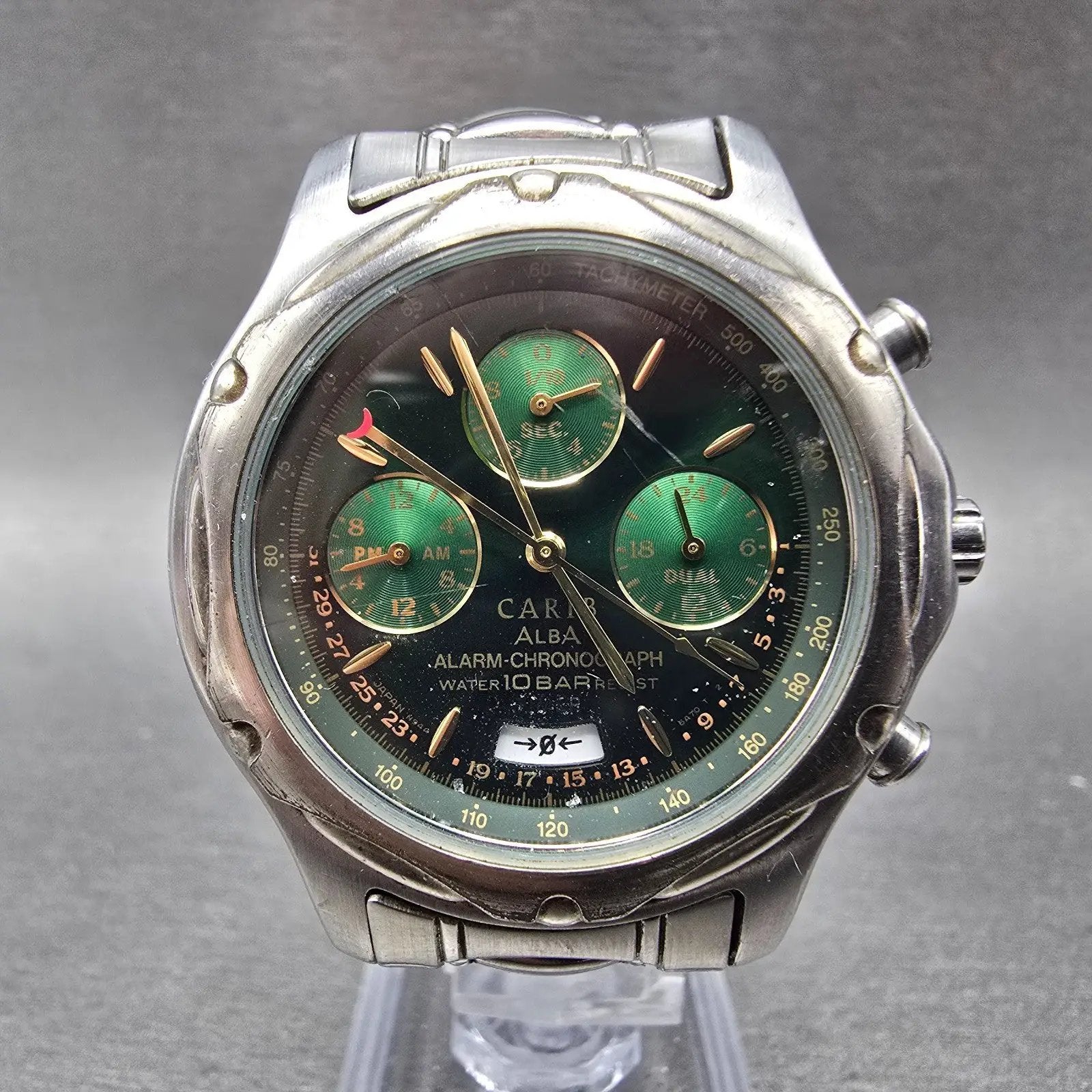 Seiko Alba Carib Watch Men 39mm Green Dial Steel Alarm Chronograph N944 PARTS0