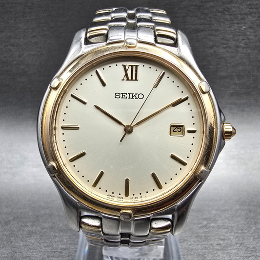 Seiko Watch Men 35mm Champagne Dial Two Tone Date Round 7N32-0100 New Battery0