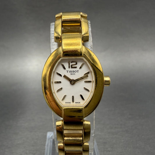 Tissot Watch Women 20mm White Dial Gold Tone Date Oval G332 New Battery0
