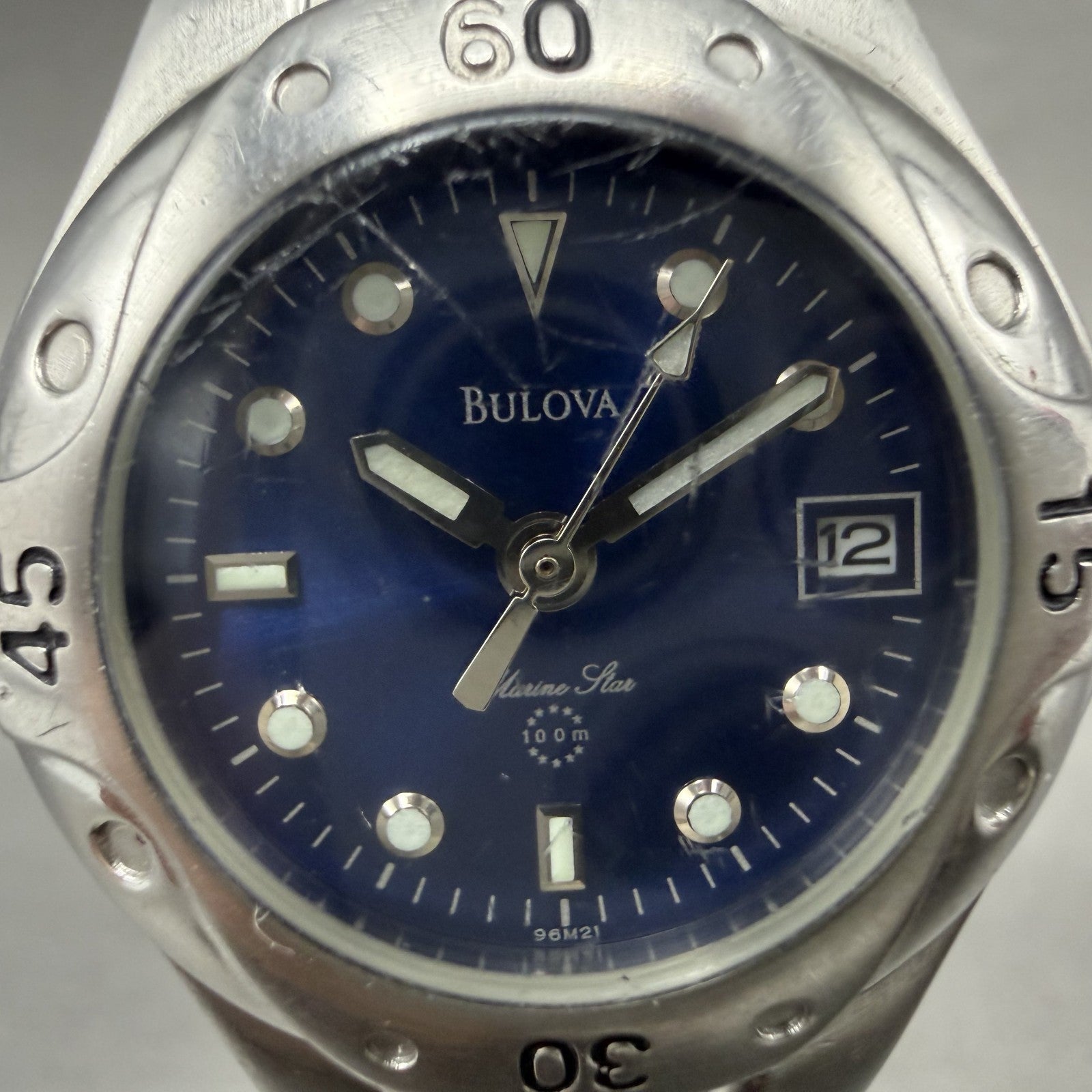 Bulova Marine Star Watch Women 27mm Blue Dial Silver Tone Date Round New Battery1