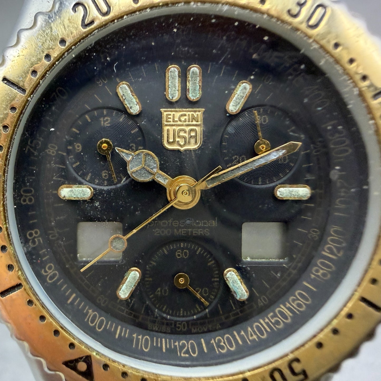Elgin Dive Watch Men 39mm Black Dial Two Tone Ana Digi Alarm Chrono FK-698 PARTS2