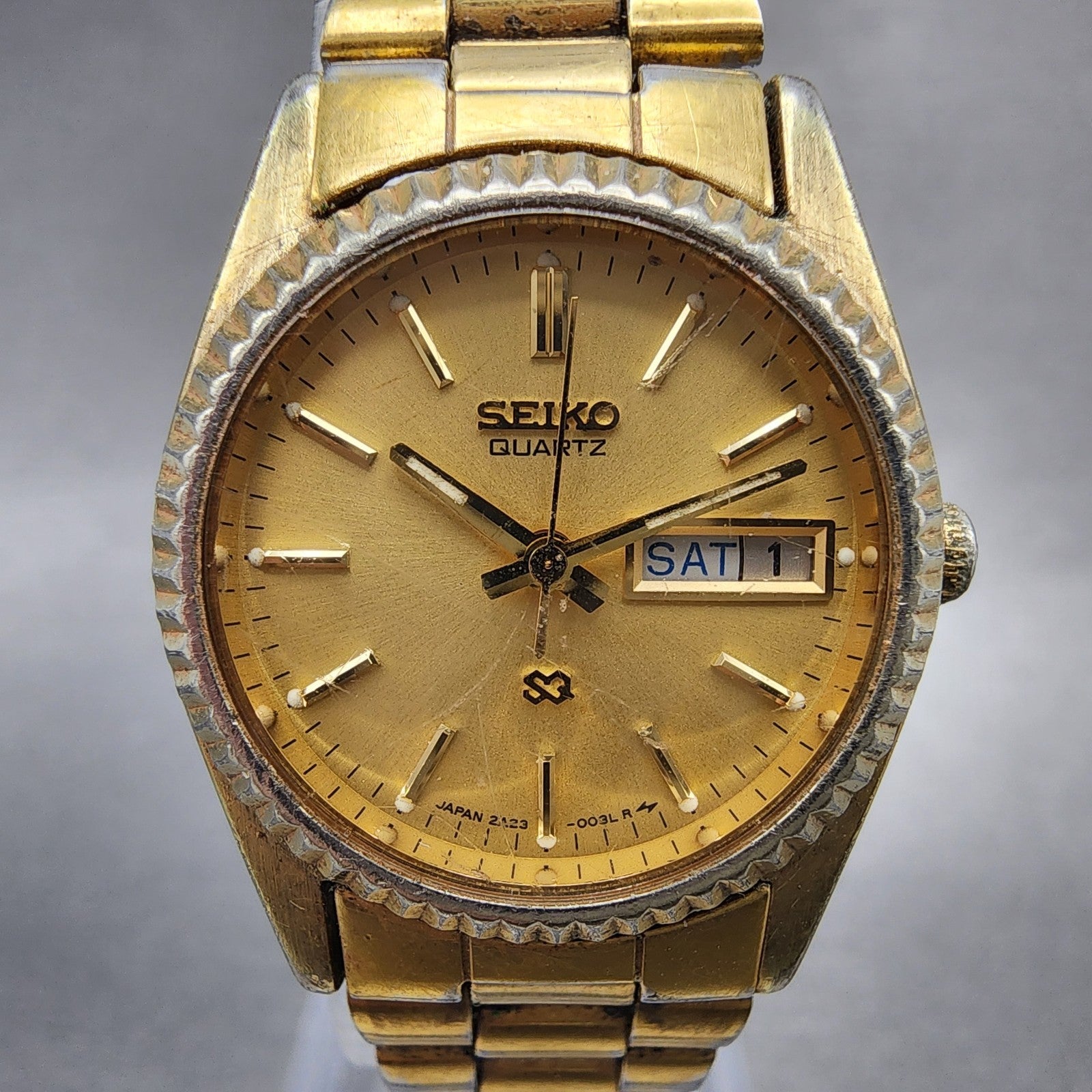 Seiko SQ Watch Women 24mm Champagne Dial Gold Tone Daydate 2a230030 New Battery1