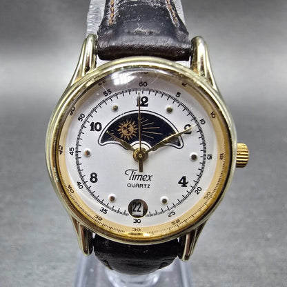 Timex Sun & Moon Watch Women 25mm White Dial Gold Tone Date Round New Battery0