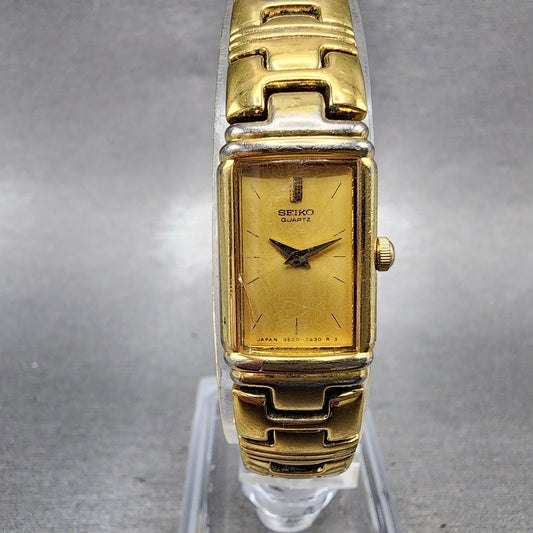Seiko Tank Watch Women 14mm Gold Dial Gold Tone Rectangle 1E206940 New Battery0