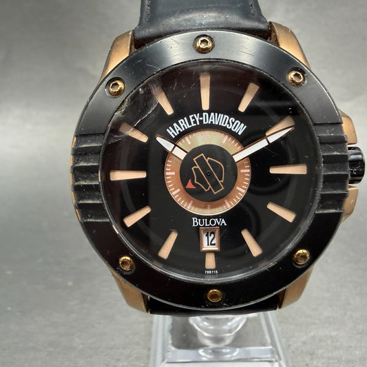 Bulova Harley Davidson Watch Men 42mm Black Dial Gold Tone Date 78B115 New Batt0