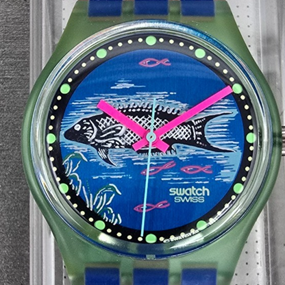 Swatch Frische Fische Watch Men 34mm Blue Dial Green Case GG116 New Battery NOS1