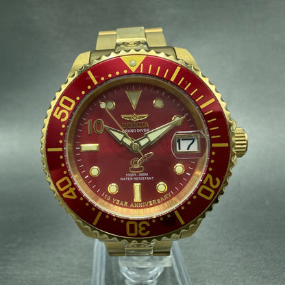 Invicta Grand Diver Watch Women 37mm Red Dial Gold Tone Date Round Automatic0
