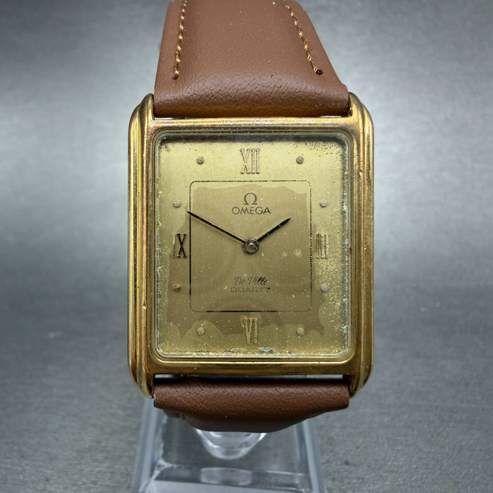 Omega De Ville Tank Watch Men 26mm Gold Dial Gold Tone Rectangle 1365 New batt0