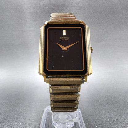 Seiko Tank Watch Men 26mm Black Dial Gold Tone Rectangle 7430-5169 New Battery