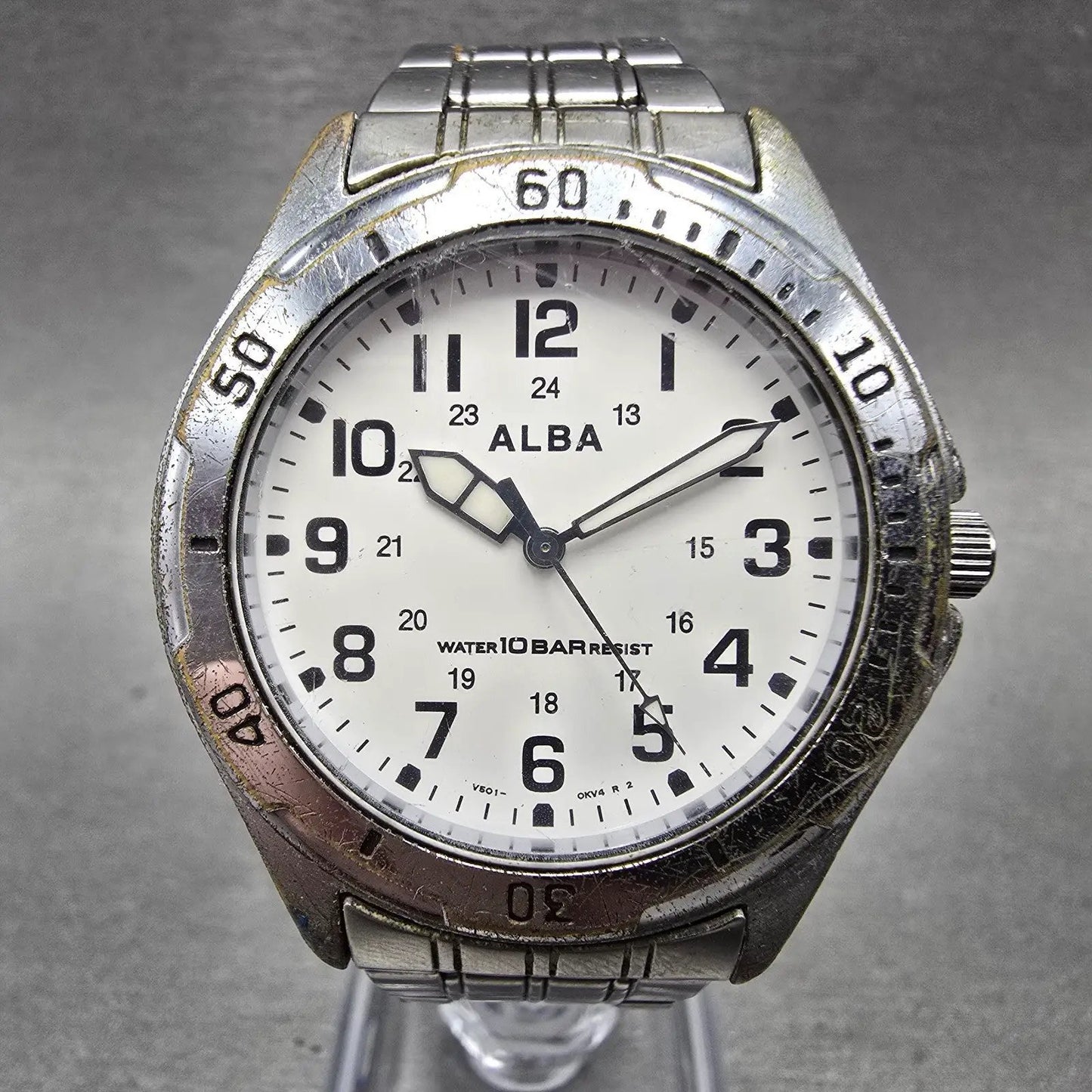 Seiko Alba Watch Men 35mm White Dial Silver Tone Round V501-0DA0 PARTS Vintage0