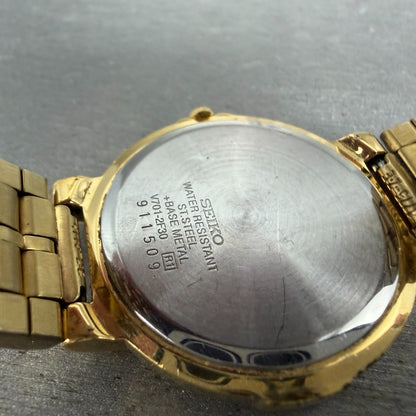 Seiko Watch Men 34mm Black Dial Gold Tone Round V701-2F30 New Battery Vintage9