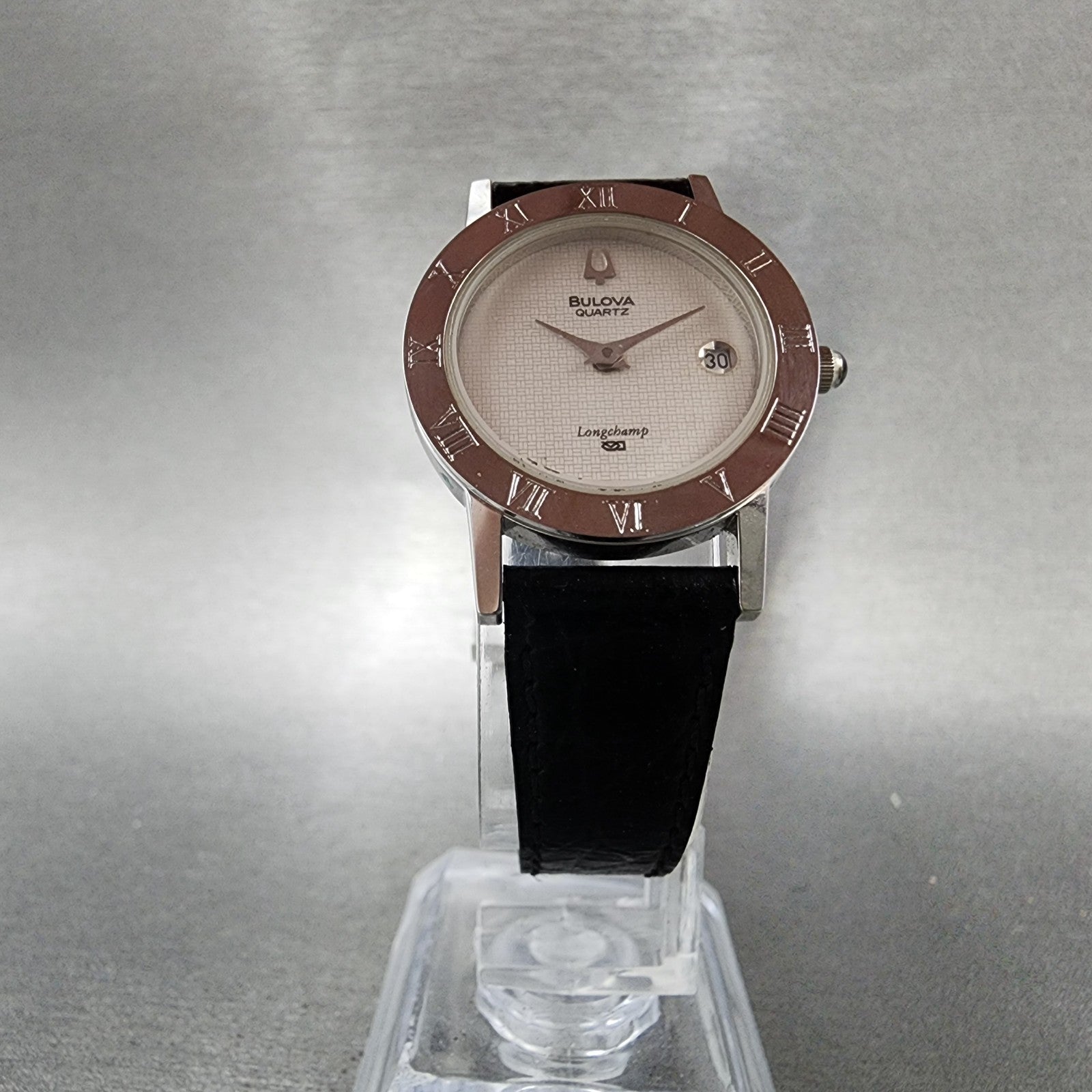 Bulova Longchamp Watch Women 25mm White Dial Silver Tone Date Round New Battery5