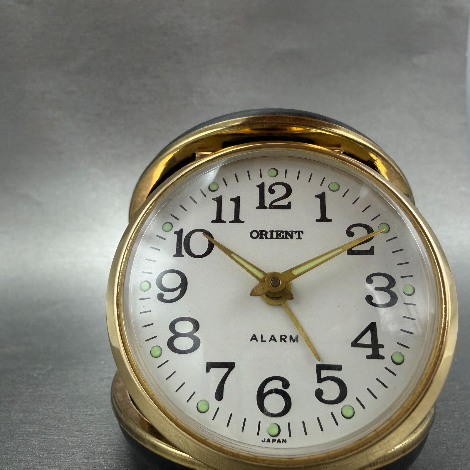 Orient Travel Alarm White Dial Gold Tone Brown Case Manual Wind Runs VTG5