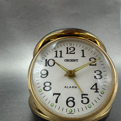 Orient Travel Alarm White Dial Gold Tone Brown Case Manual Wind Runs VTG5