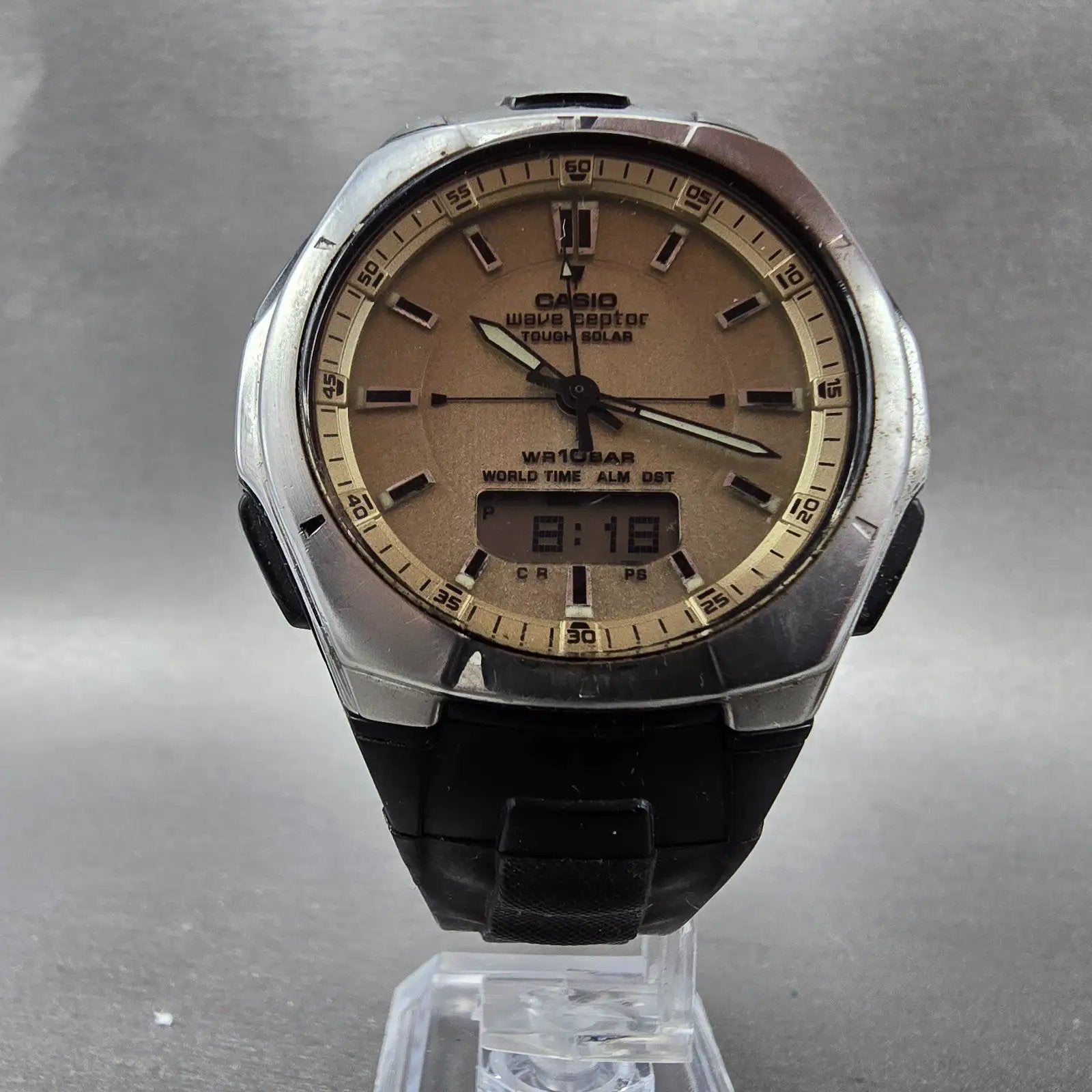 Casio Wave Ceptor Watch Men 44mm Champagne Dial Silver Daydate Alarm READ!!!5