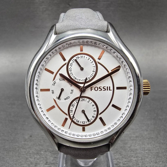 Fossil Watch Women 40mm White Dial Silver Tone Daydate Round BQ3199 New Battery0