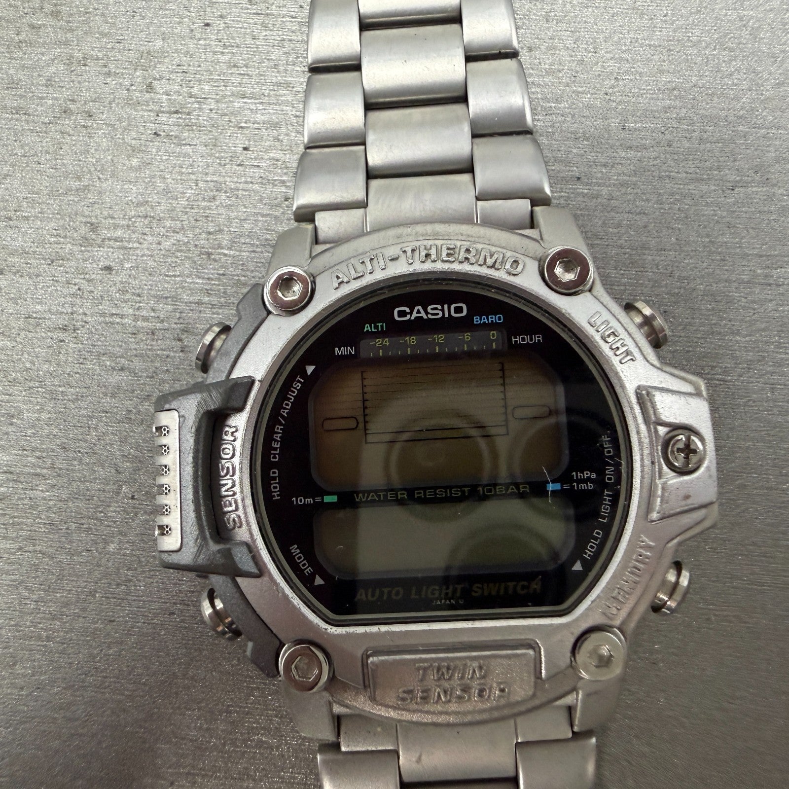 Casio ProTrek PRT-300 Watch Men 47mm Silver Digital Alit-Thermo PARTS0