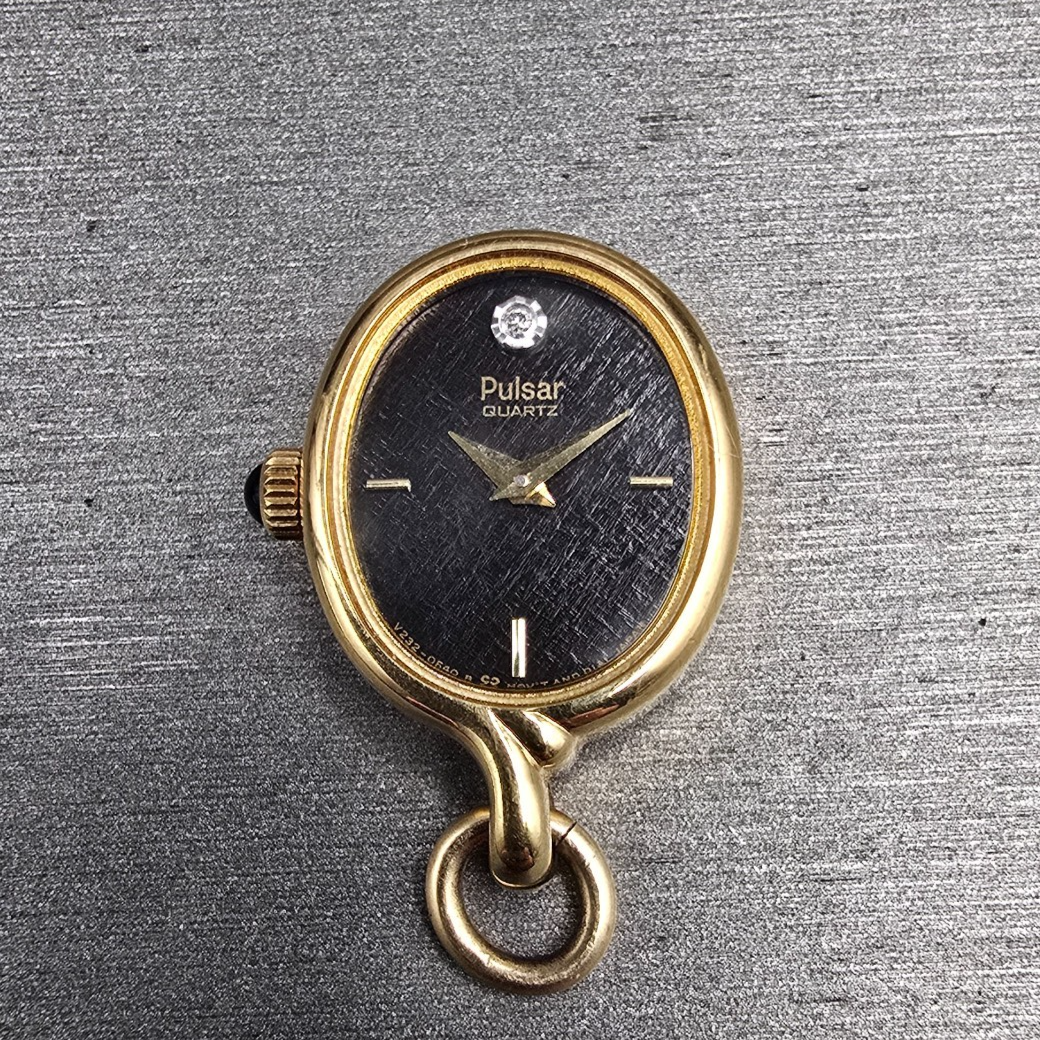 Seiko Pulsar Pendant Watch Women 16mm Black Dial Gold Tone Oval V232 New Battery0