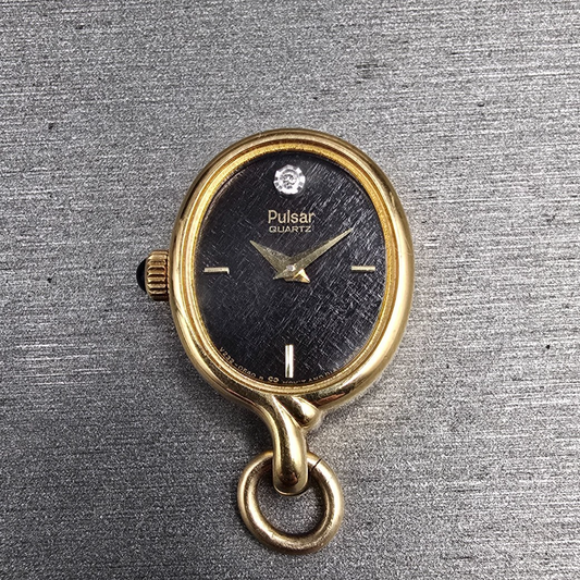 Seiko Pulsar Pendant Watch Women 16mm Black Dial Gold Tone Oval V232 New Battery0