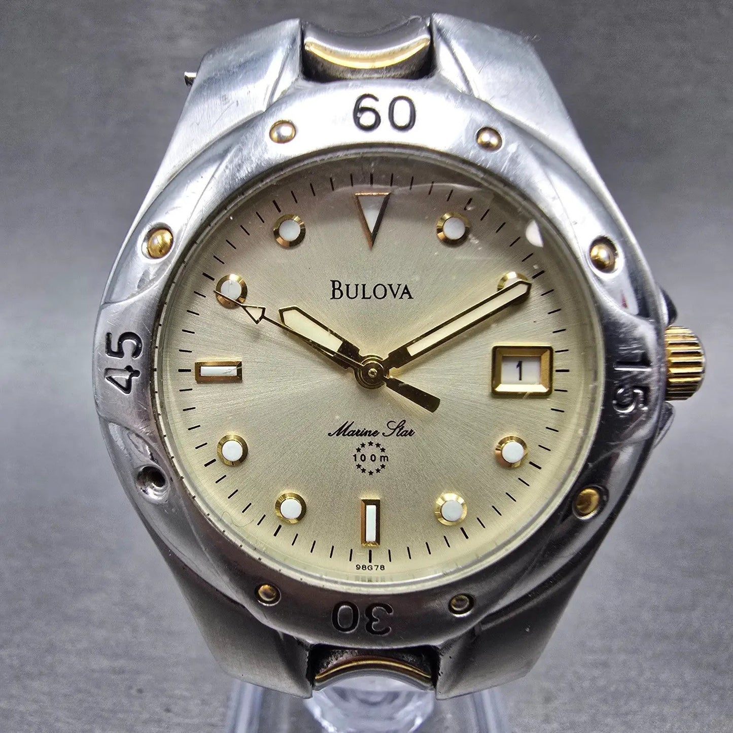 Bulova Marine Star Dive Watch Men 37mm Champagne Dial Two Tone Date 98G78 PARTS0