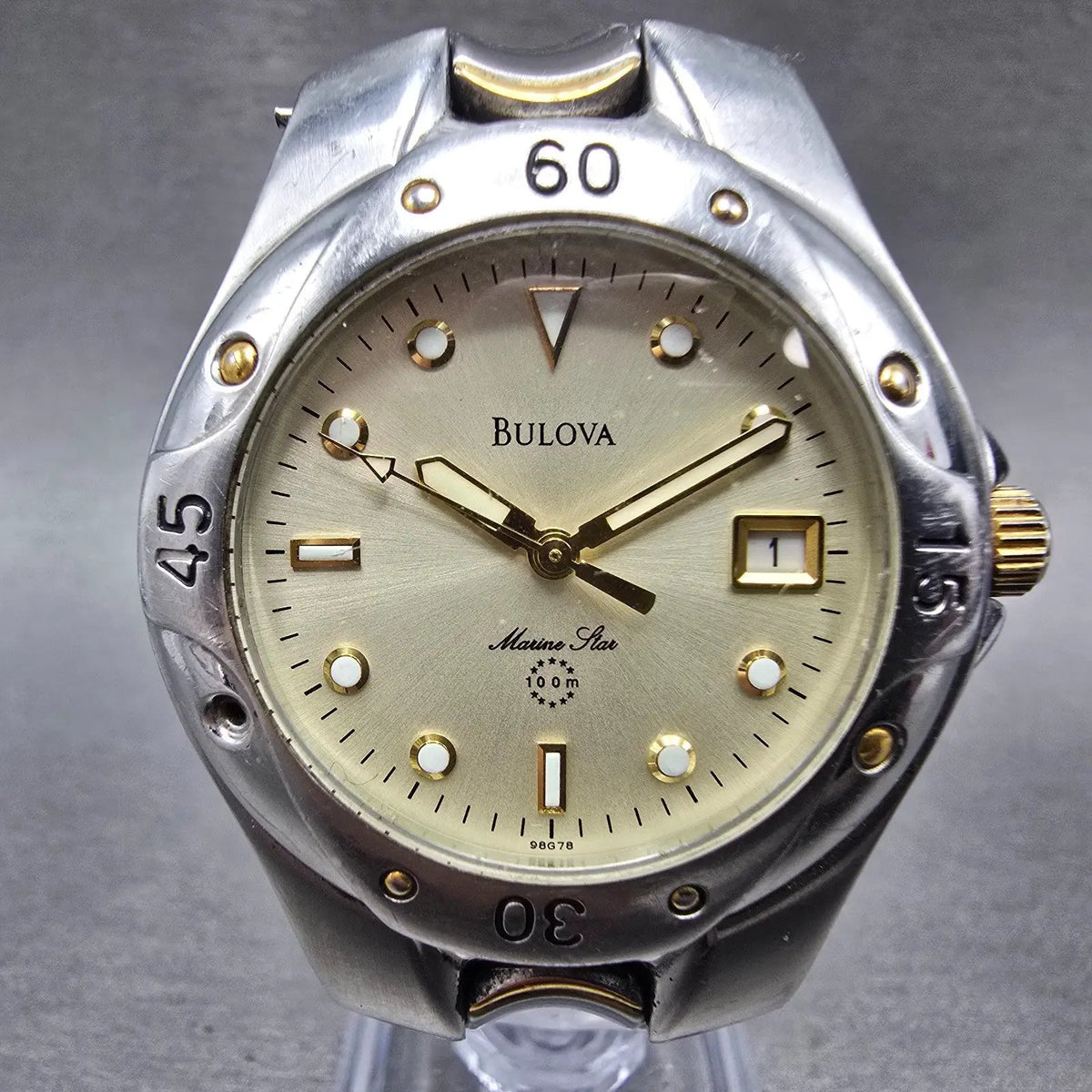 Bulova Marine Star Dive Watch Men 37mm Champagne Dial Two Tone Date 98G78 PARTS0