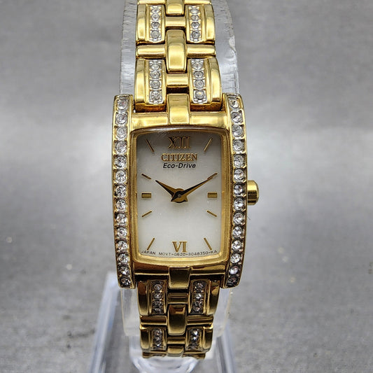 Citizen EcoDrive Tank Watch Women 15mm White Dial Gold Tone Rectangle Runs0