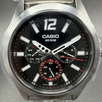 Casio MTP-E350 Watch Men 39mm Black Dial Silver Tone Daydate Metal Bracelet1