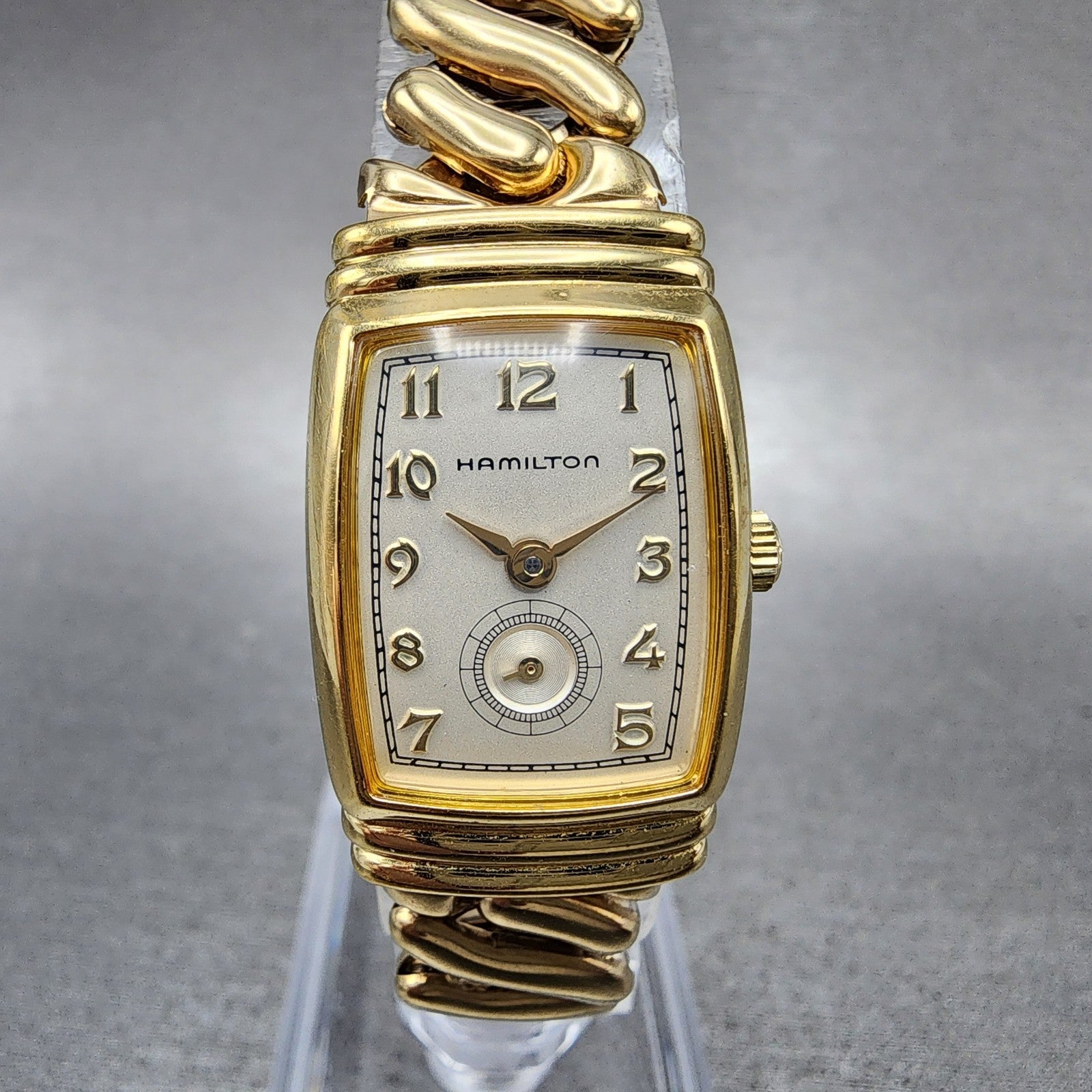 Hamilton Benton Tank Watch Women 19mm Gray Dial Gold Tone Rectangle New Battery0