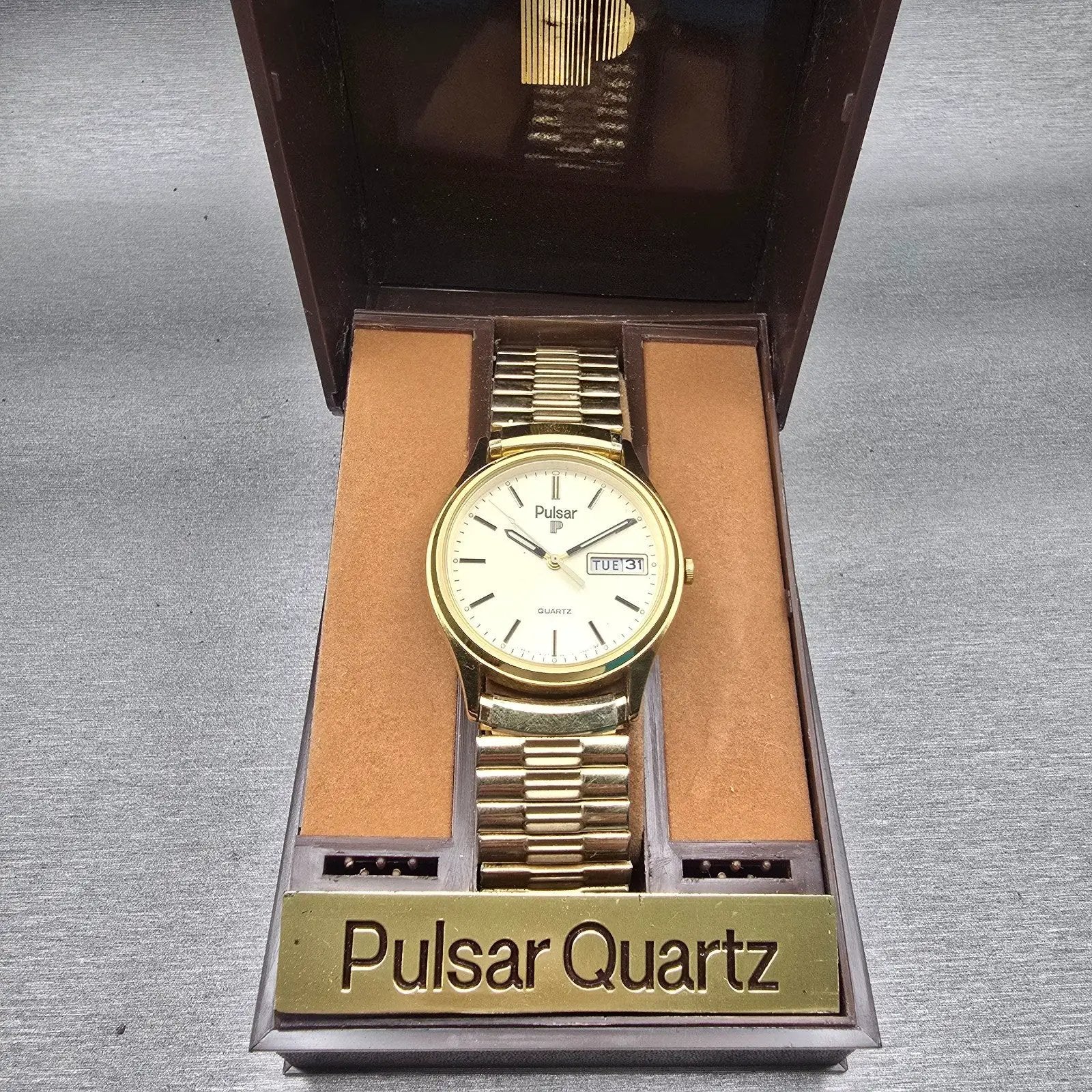 Seiko Pulsar Watch Men 34mm Champagne Dial Gold Tone Daydate Y148-6019 New Batt0