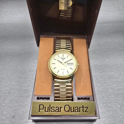 Seiko Pulsar Watch Men 34mm Champagne Dial Gold Tone Daydate Y148-6019 New Batt0