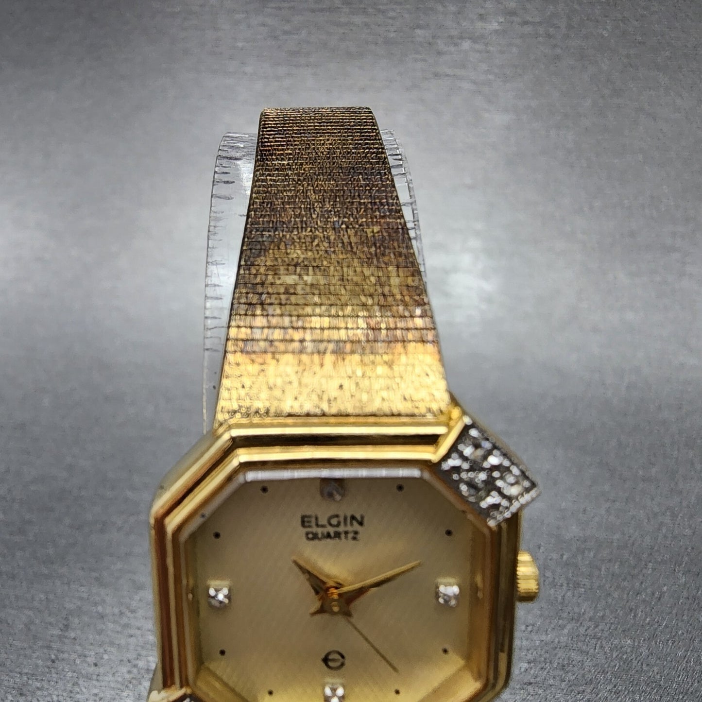 Elgin Watch Women 21mm Champagne Dial Gold Tone Octagon Diamond bezel New Batt4
