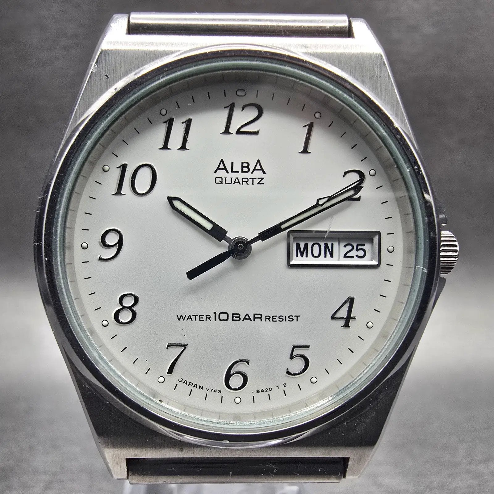 Seiko Alba Watch Men 34mm Silver Dial Silver Tone Daydate V743-8A10 New BatteryX1