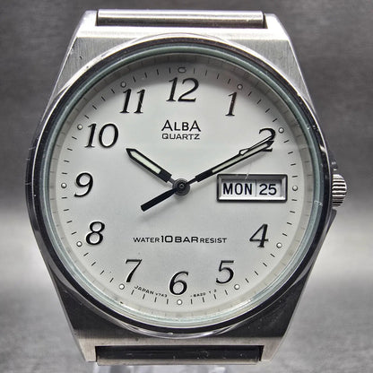 Seiko Alba Watch Men 34mm Silver Dial Silver Tone Daydate V743-8A10 New BatteryX1