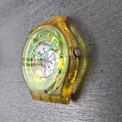 Swatch Bermudas Watch Men 34mm Green Dial Clear Case Round GK133 New Battery3