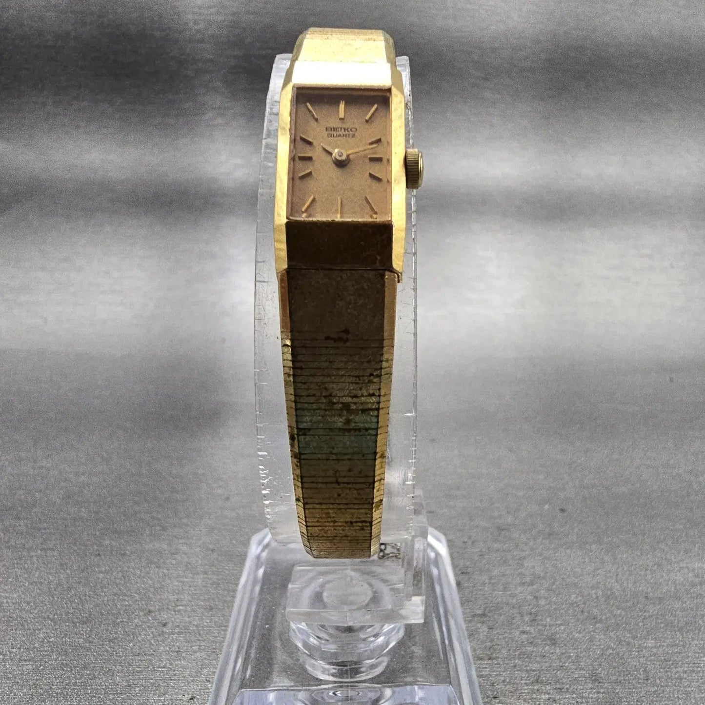 Seiko Watch Women 12mm Gold Dial Gold Tone Rectangle 1320-5049 New Battery VTG5