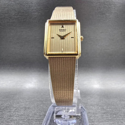 Seiko Tank Watch Women 17mm Gold Dial Gold Tone Rectangle 7320-5479 New Batt VTG5