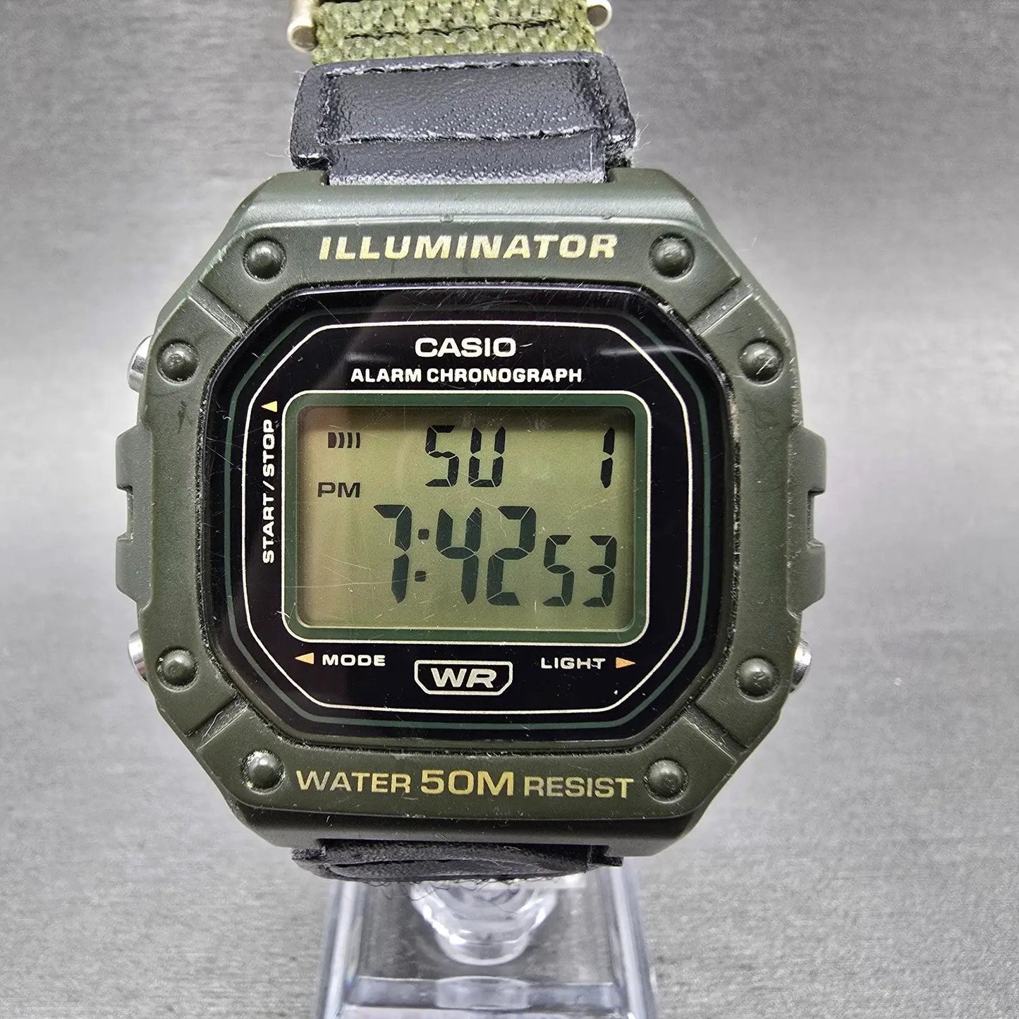 Casio Illuminator W-218H Watch Men 43mm Green Alarm Chrono Digital New Battery F0