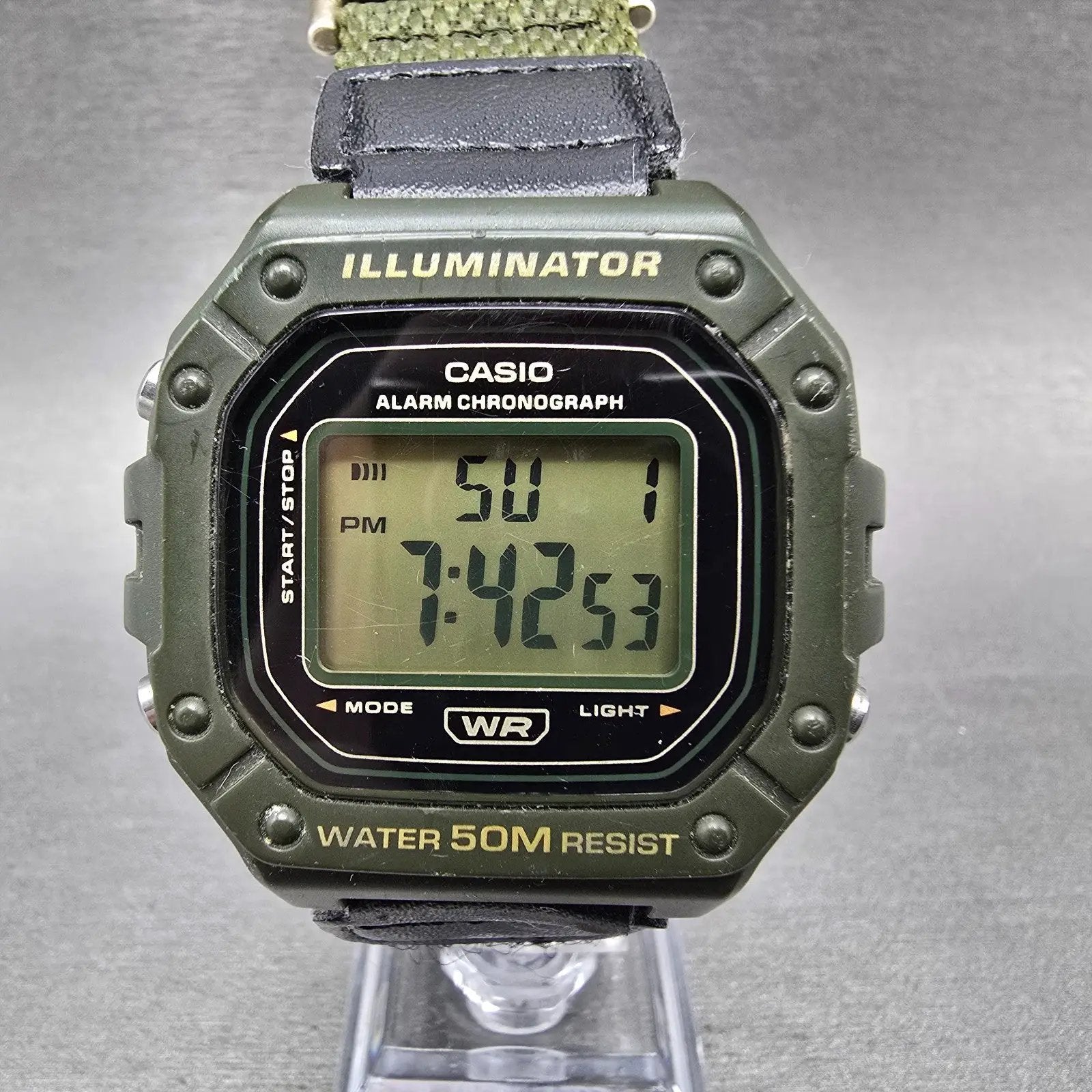 Casio Illuminator W-218H Watch Men 43mm Green Alarm Chrono Digital New Battery F0