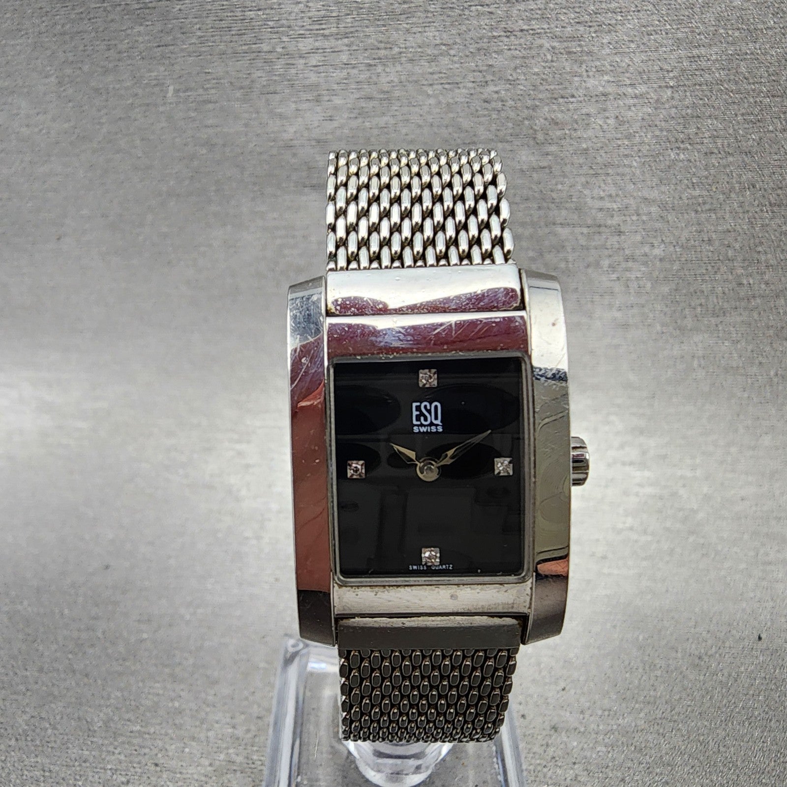 ESQ Tank Watch Women 21mm Black Dial Silver Tone Rectangle E5053 New battery0